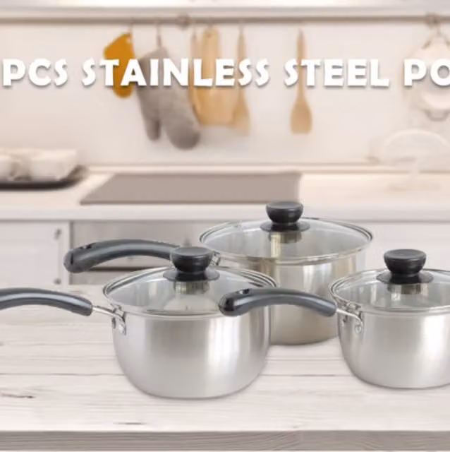 Stainless Steel Saucepan Set with Glass Lid and Extended Handle, Silver