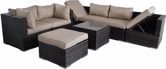 Furniture One 8 Piece Modular L-Shape Rattan Outdoor Recliner Garden Sofa Set in Brown