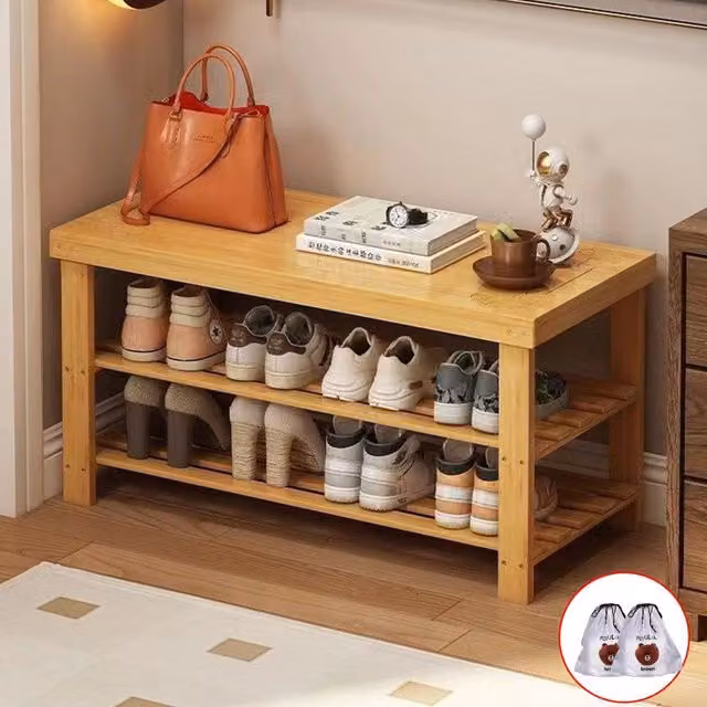 Hinsinc 3 Tier Wooden Shoe Rack Seating Bench Hallway Storage Organiser, Brown, W/D/H: 67 x 25 x 45 cm