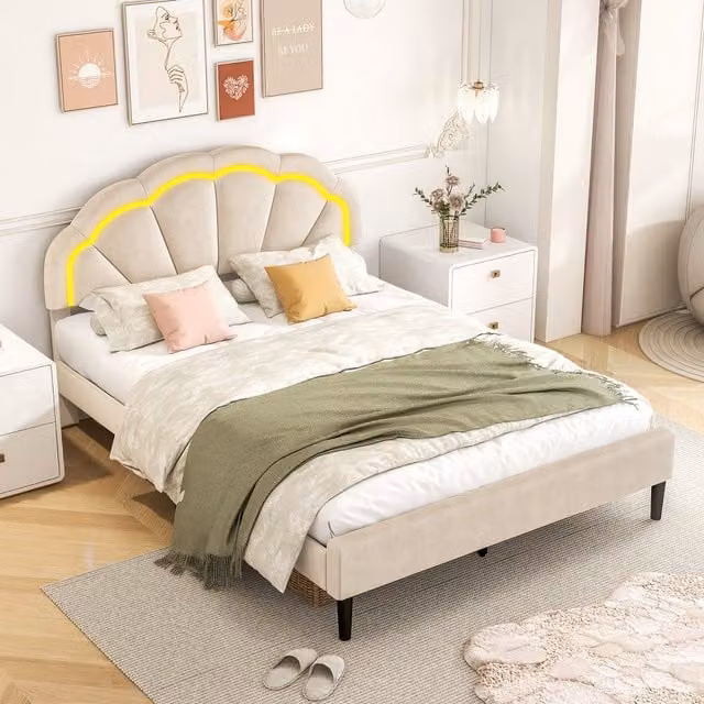 Costway Modern Upholstered Velvet Bed Frame with Under-Bed LED Lighting, Beige, W/D/H: 180 x 200 cm
