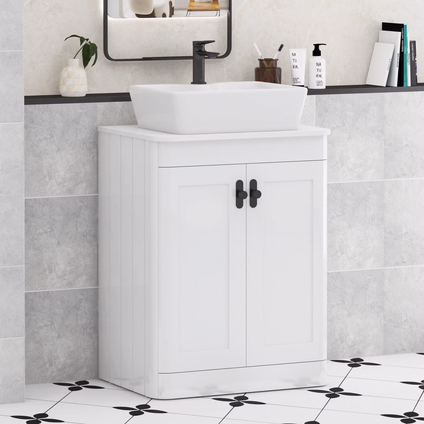 Royal Bathrooms Henley 600mm Gloss White Floor Standing 2 Door Vanity Unit with Cube Basin and Matt Black Knob