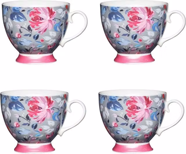 KitchenCraft Set of 4 Grey and Light Blue Floral Bone China Footed Mugs – 1