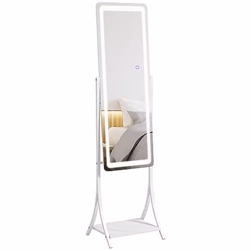 HOMCOM Full Length LED Lighted Dressing Mirror with Storage Shelf and Adjustable Colour Temperature in White – 1