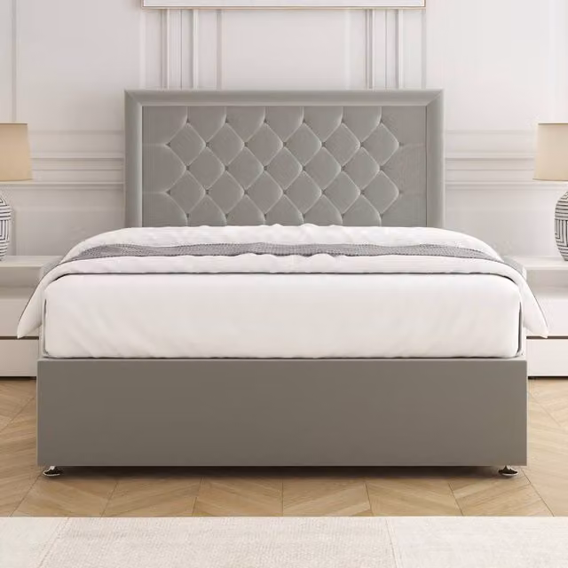 BSSPOKE Nova Plush Velvet Super King Divan Bed Set with 24 inch Headboard and Mattress in Silver, W/D/H: 200 x 200 cm