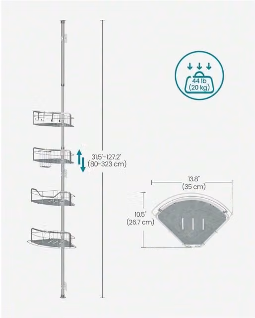 SONGMICS Silver Corner Shower Caddy with Adjustable Tension Pole and Hooks