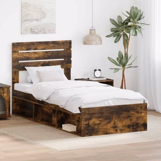 Berkfield Home Smoked Oak Bed Frame in Brown, Solid Pine and MDF Wood, W/D/H: 100 x 200 cm – 1