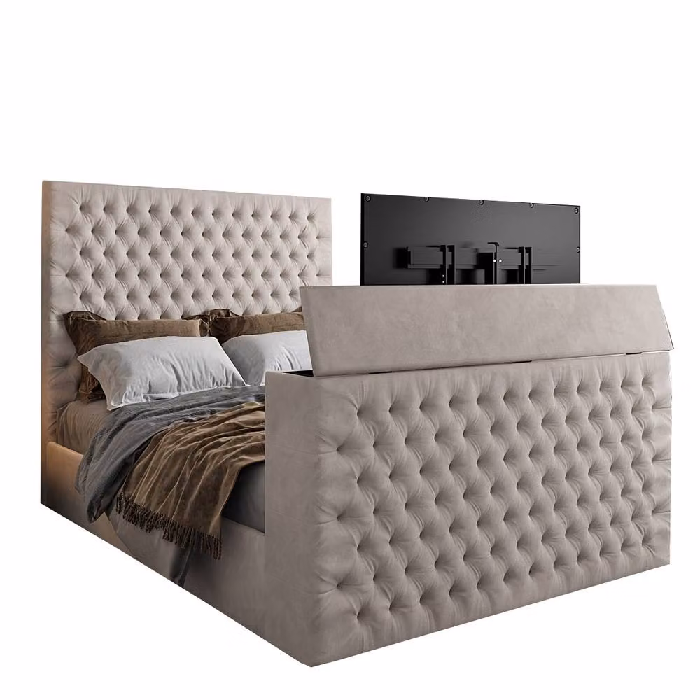 KDMD Ansford Upholstered Soft Velvet Pebble TV Bed Frame in Light Sand, Size: King (180 x 200 cm) – 2