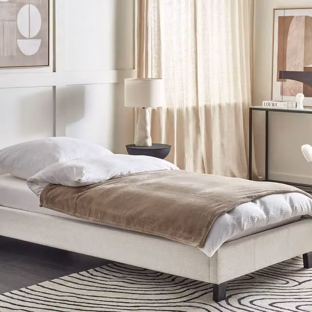 Wyld and Coco Single 3ft Upholstered Slatted Bed Frame in Light Beige Fabric, W/D/H: 90 x 190 cm – 1