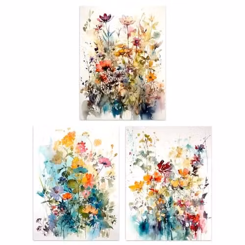 Artery8 Set of 3 A4 Wildflowers Watercolour Floral Artworks, Multicolour Unframed Paper Poster Prints