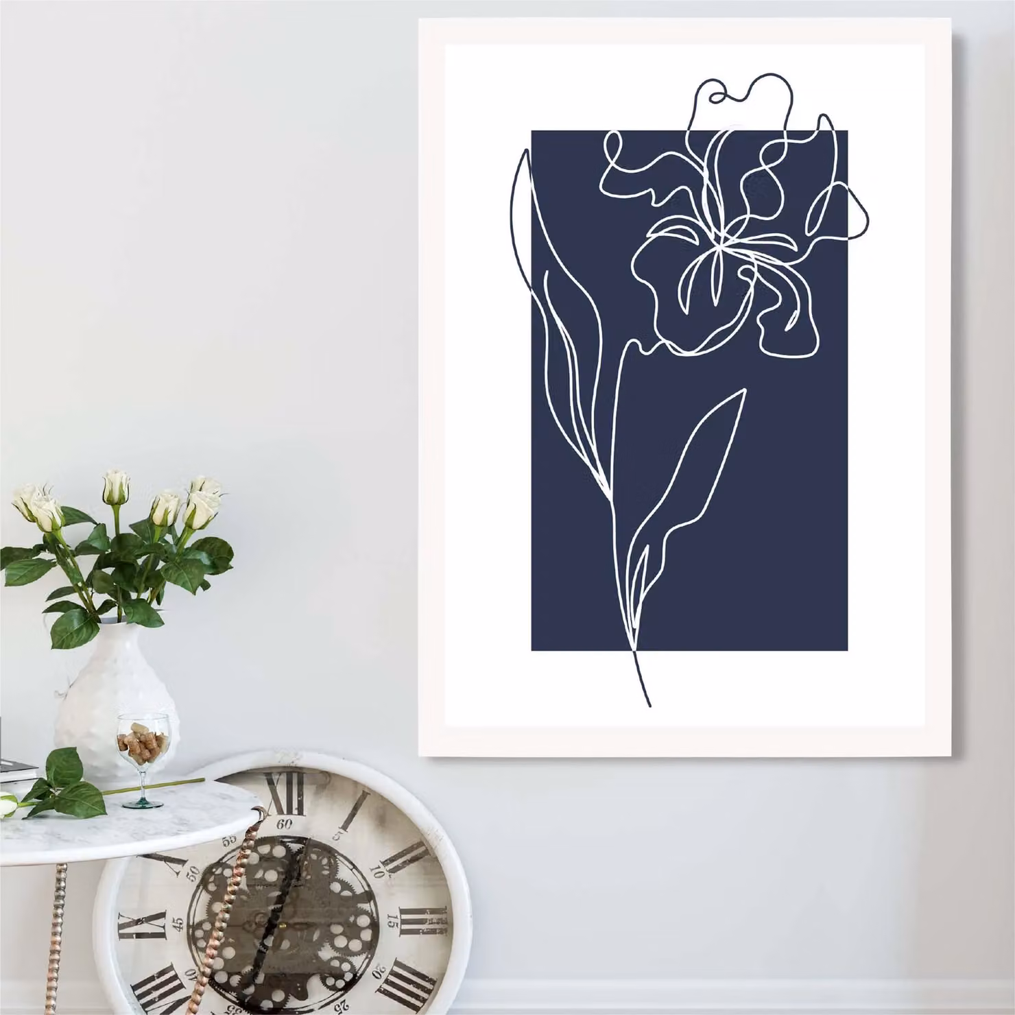 ARTZE Navy Blue and White Floral Line Art Framed Print – 2