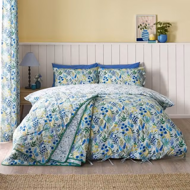 Catherine Lansfield Tilly Floral Reversible Cotton Duvet Cover Bedding Set in Blue and Multicolour