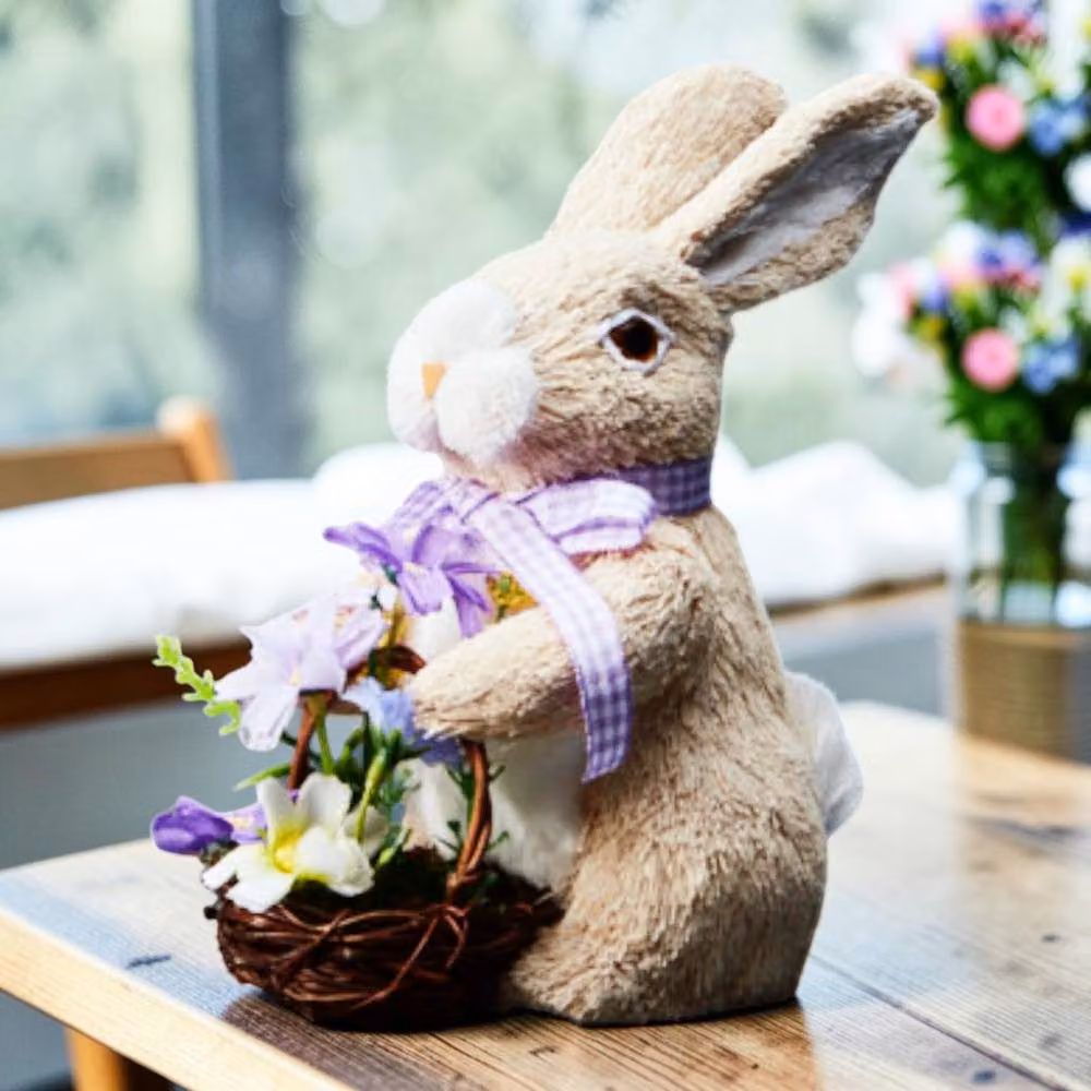 Four Candle Beige Ceramic Rabbit Figurine with Purple Ribbon, H: 12.0 cm, W: 11.0 cm, D: 34.0 cm – 2