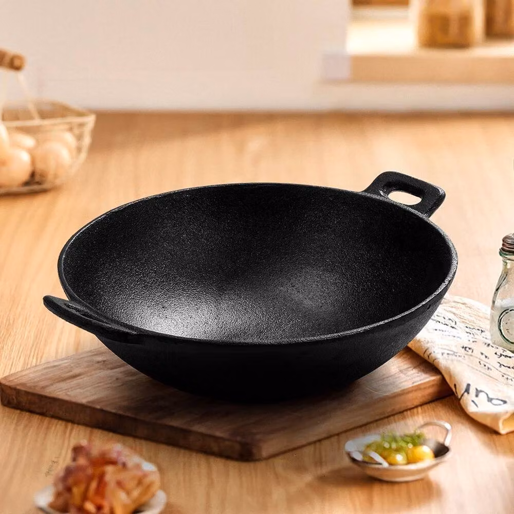 FLAVORA Uncoated Cast Iron Chinese Stir Fry Frying Pan, Black, W/D/H: 29.5 x 24.5 x 8.5 cm – 5