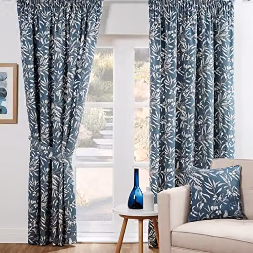 Sundour Aviary Blue Pencil Pleat Taped Curtains, Semi-Transparent Floral Design, Width: 117 cm, Drop: 137 cm – 1