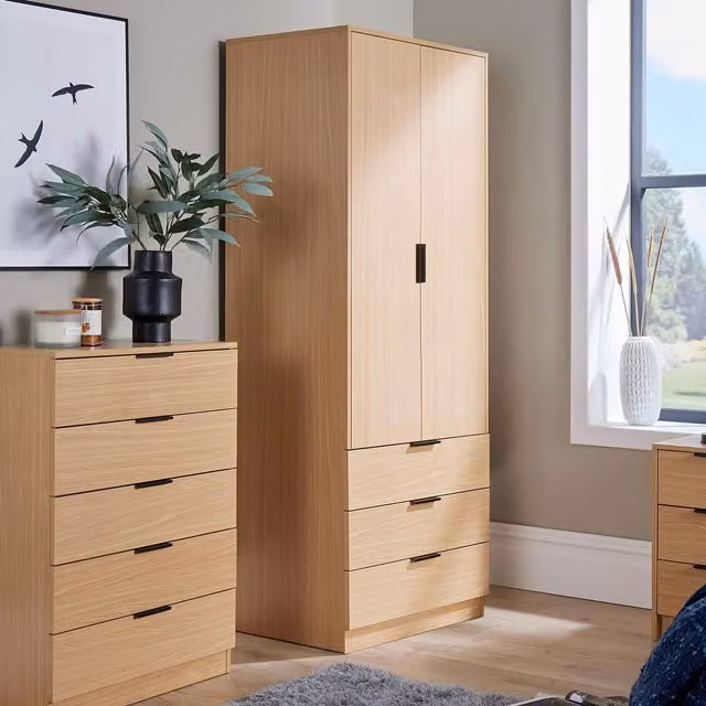 Home Source Phoenix 2 Door 3 Drawer Wardrobe with Internal Shelves and Hanging Rod in Brown Wood
