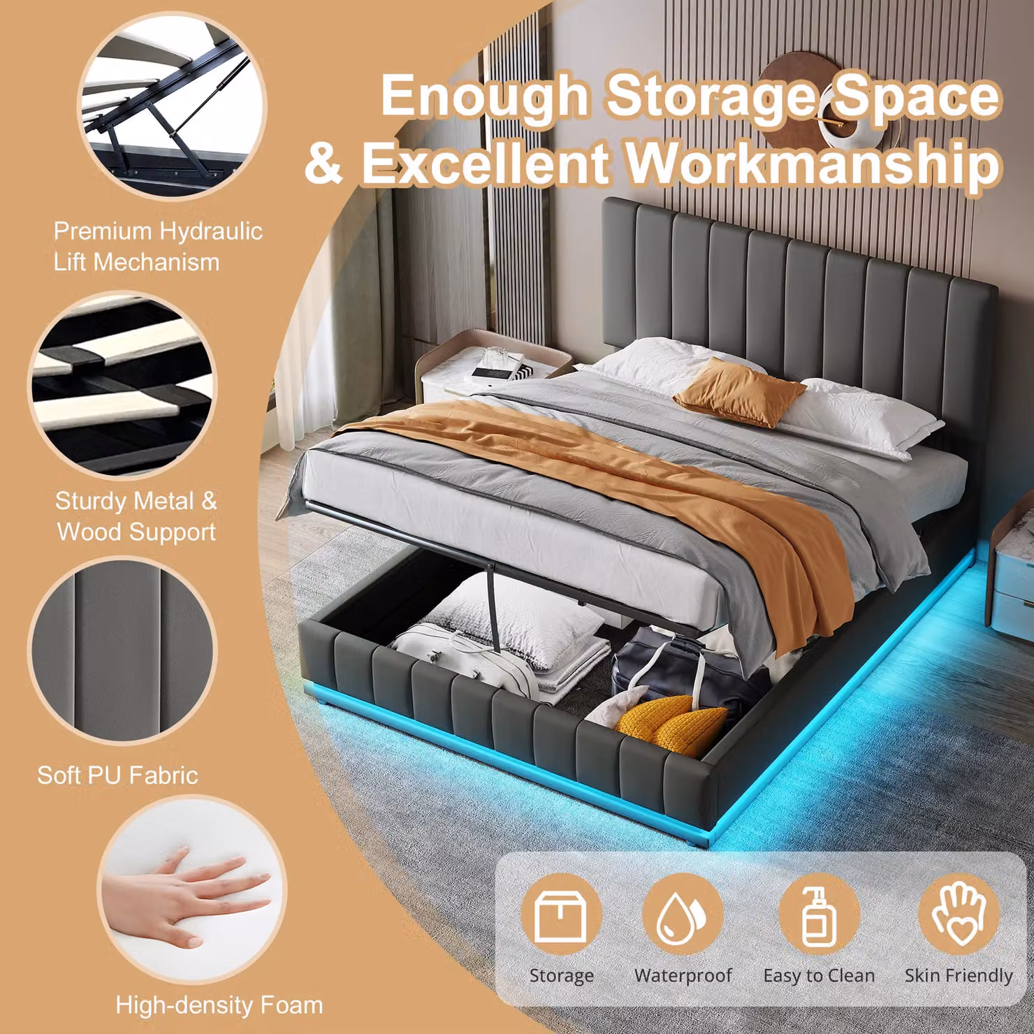 AKA Grey PU Leather Upholstered King Size Ottoman Bed with LED Under-Bed Lighting and Hydraulic Storage W/D/H: 180 x 200 cm – 2