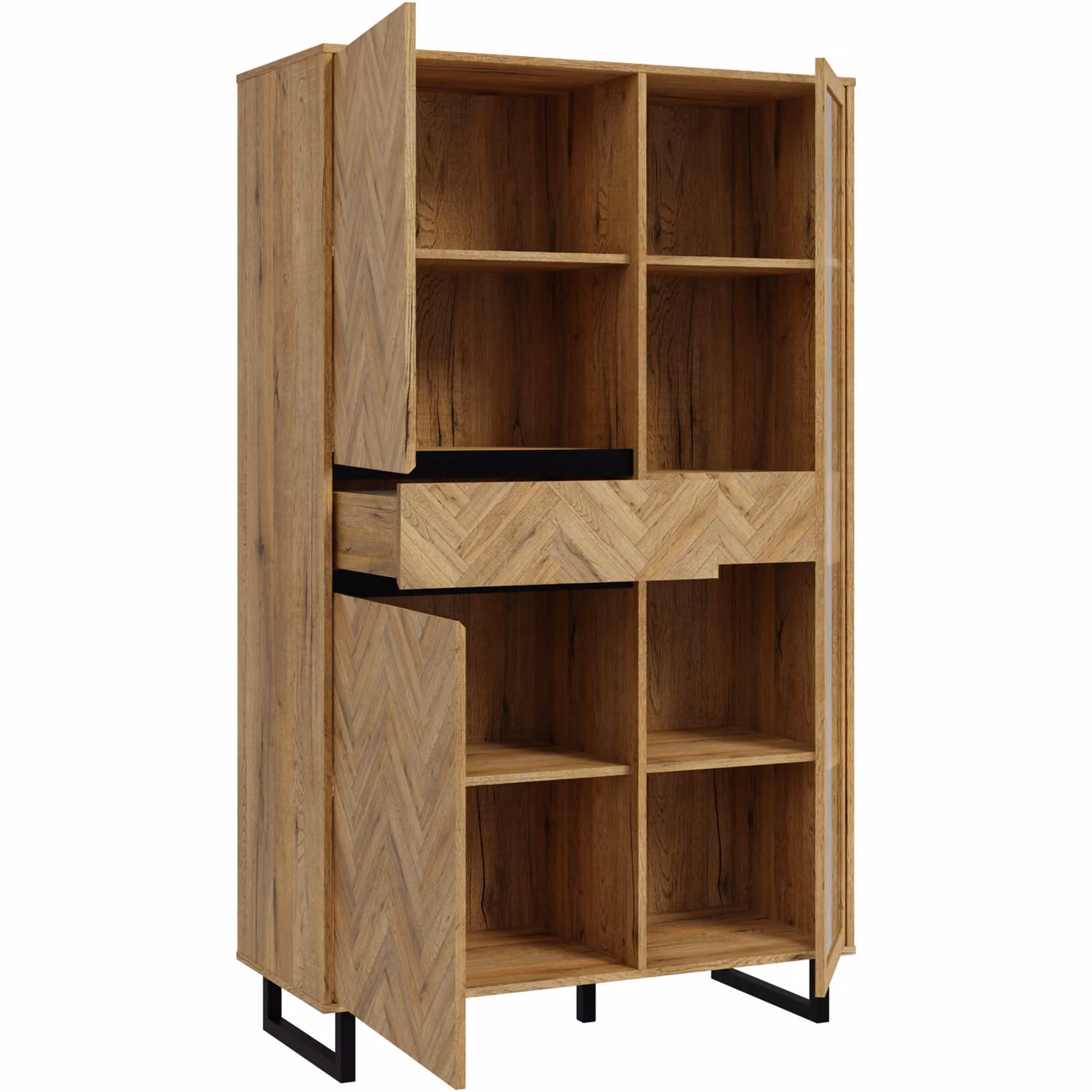 Furniture To Go Nikomedes Mid-Century Display Cabinet in Spica Oak, Matt Black and Bartex Oak with Glass Doors – 2