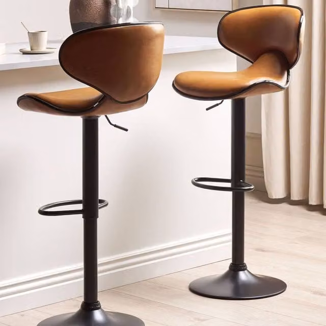 Wyld and Coco Set of 2 Brown Faux Leather Swivel Bar Stools with Gas Lift