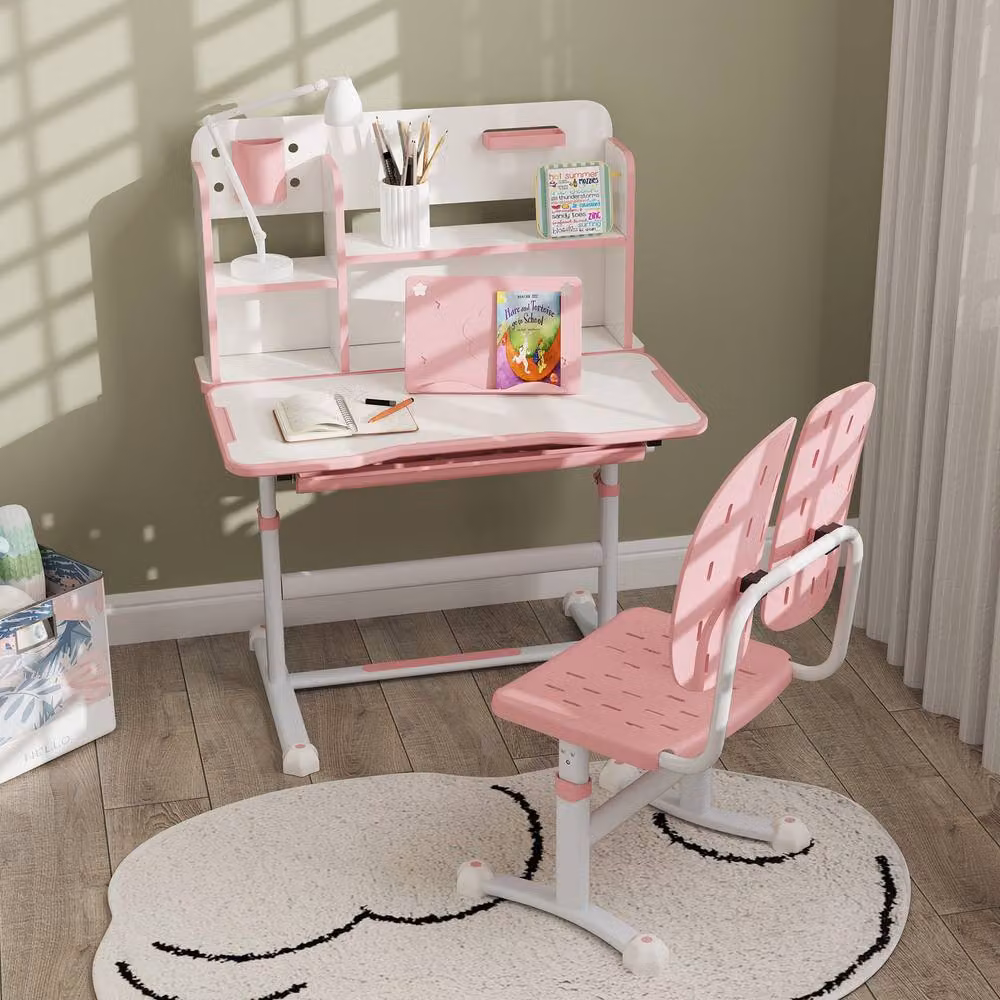 STILVORA Kids Desk and Chair Set with Adjustable Tilting Tabletop and Storage in Pink – 2