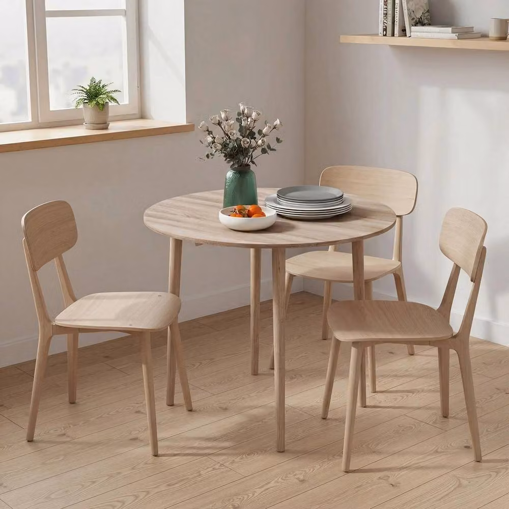 VOGREX Round Drop Leaf Foldable Dining Table with Natural Pine Wood Legs in Beige, H 89.0 x W 73.5 cm – 2