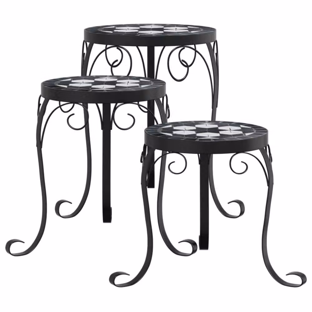 Berkfield Home Set of 3 Round Ceramic and Metal Plant Stands in Black and White – 3