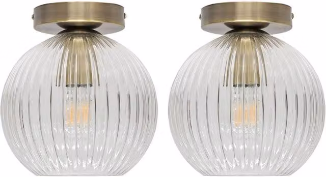 First Choice Lighting Betchley Set of 2 Ceiling Lights with Transparent Ribbed Glass and Gold Brass Finish