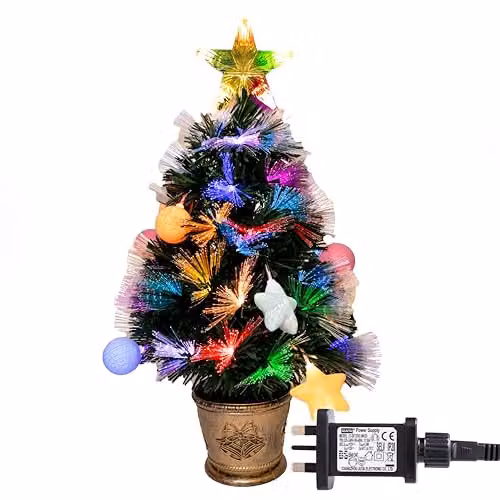 Shatchi 60 cm Green Fibre Optic Christmas Tree with Pastel Stars and Baubles, Pre-Lit with Multicolour Changing Lights, H 60 x W 35 x D 35 cm