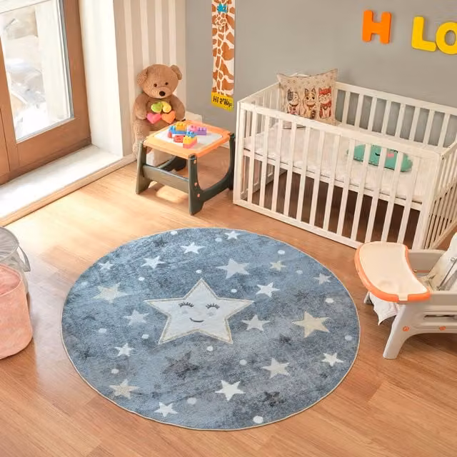 Livabliss Lilian Washable Kids Star Pattern Rug in Blue, Grey, Beige and Yellow, W: 140 cm, D: 200 cm – 1
