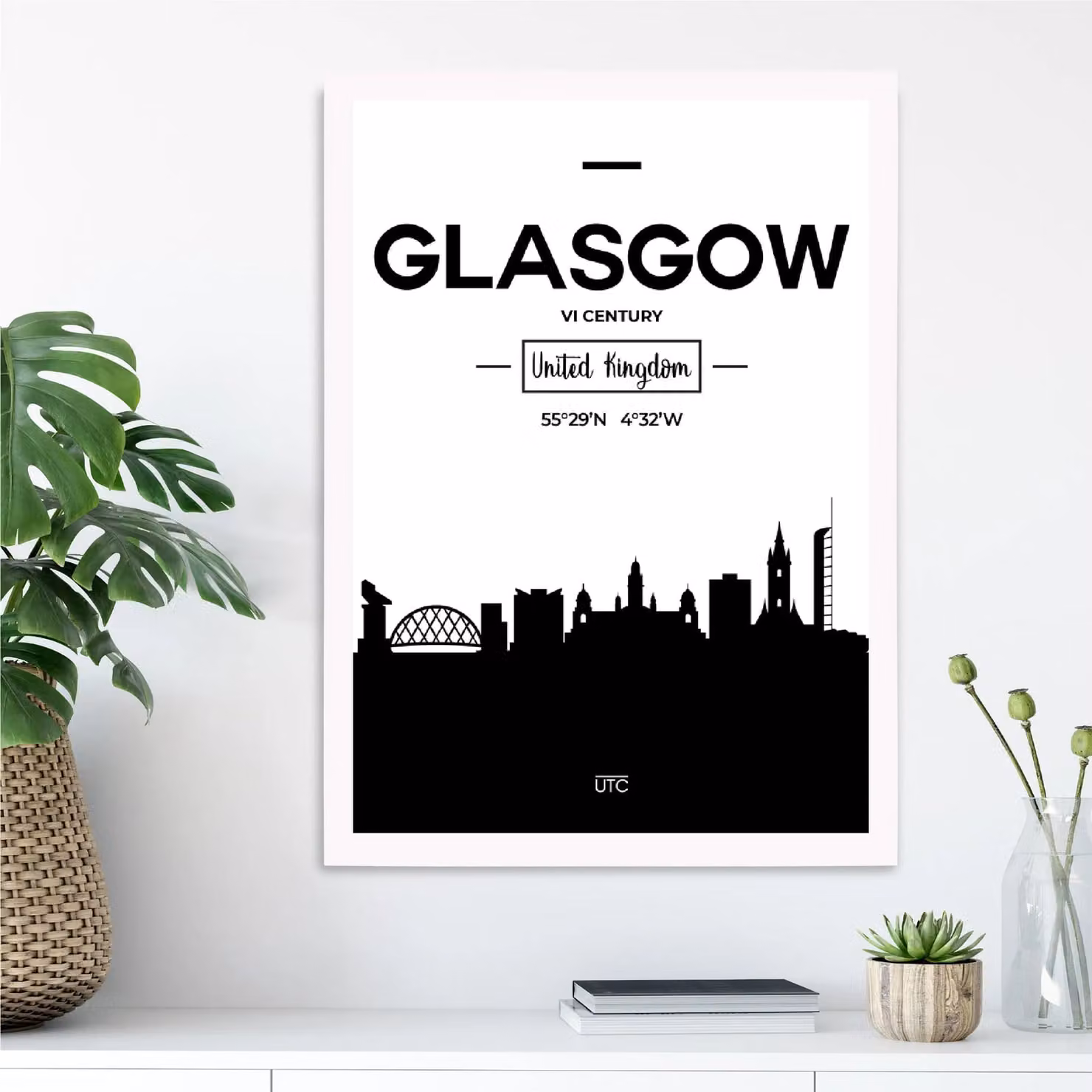 ARTZE Glasgow Black and White City Skyline Framed Print in White Frame, A2 – 2