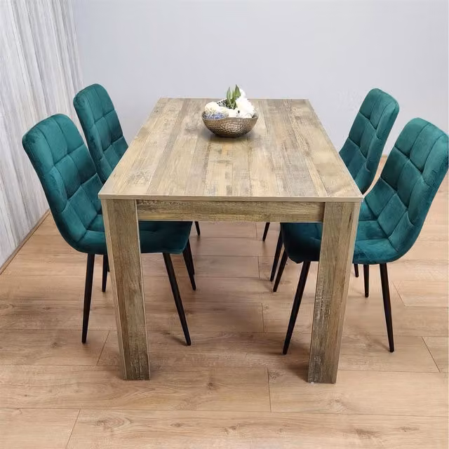Kosy Koala Rustic Dining Set with Rectangular Table and 4 Green Velvet Chairs
