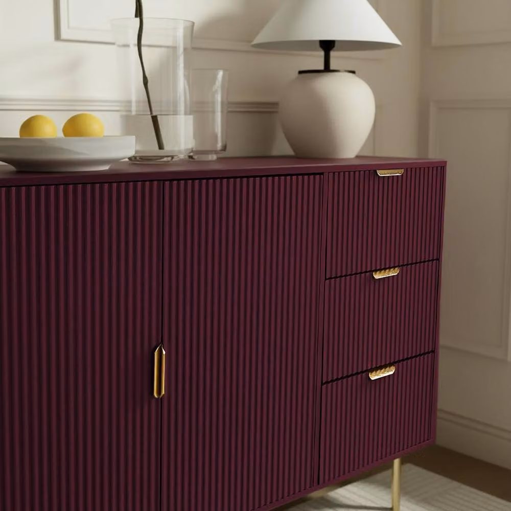 OHS Modern Ribbed Sideboard Cabinet with Drawers and Shelves in Matt Dark Red – 3