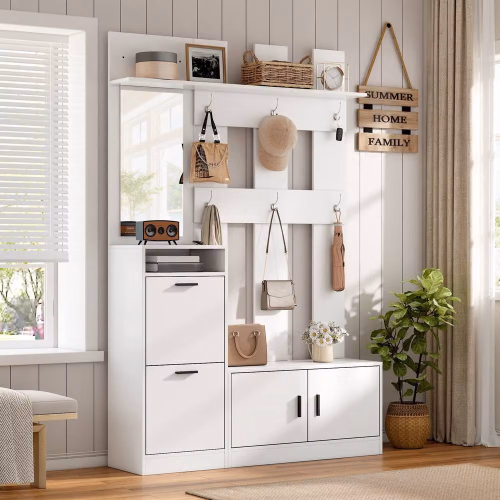 Matteo Modern White MDF Hallway Storage Unit with Mirror and Shoe Bench – 3