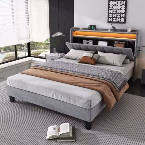 Matteo Grey Velvet Upholstered Double Bed with Under-Bed LED Lighting and USB Charging Ports, W: 135 cm, L: 190 cm