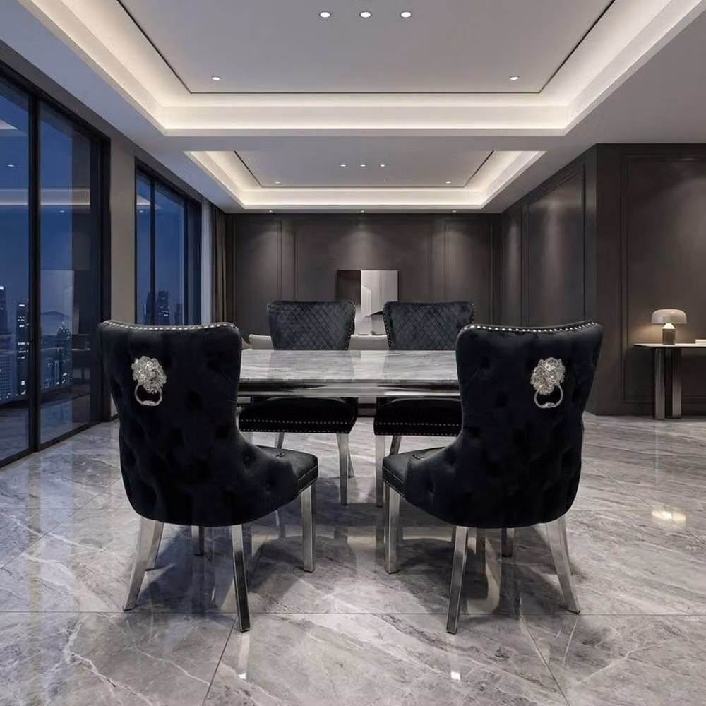 Home Luxe Interior Sofia Grey Marble Dining Table and 4 Victoria Black Lion Silver Chairs – 3