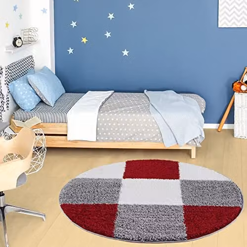 THE RUGS Modern Red and Grey Checked Round Shaggy Area Rug, Diameter: 120 cm – 1