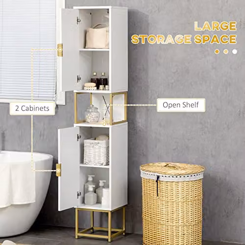 Kleankin Narrow Freestanding Bathroom Storage Cabinet with Open Shelf and Hinged Doors, White and Gold, H 170.7 x W 30 x D 30 cm – 4