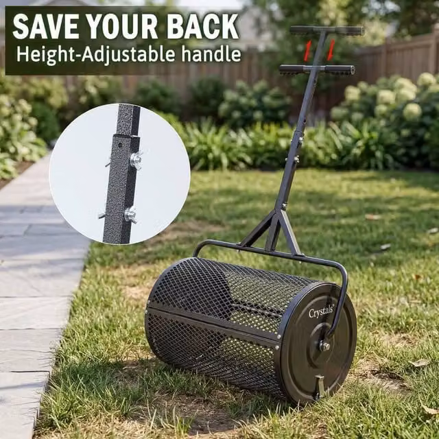 EONLION Manual Metal Compost Spreader Roller for Overseeding and Peat Grass Seed in Black – 1