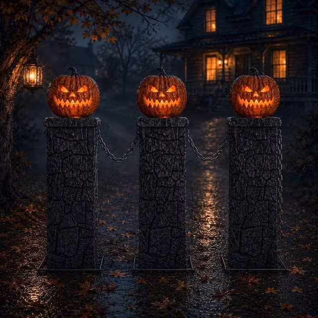Samuel ALEXANDER Battery Powered Light up Halloween Pumpkin Fence with LEDs, Orange, W: 120 cm, H: 97 cm