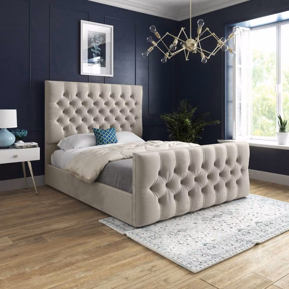 Casani Porthcawl Upholstered Chesterfield Designer Bed Frame in Beige Velvet, W/D/H: 144 x 137 x 200 cm – 2