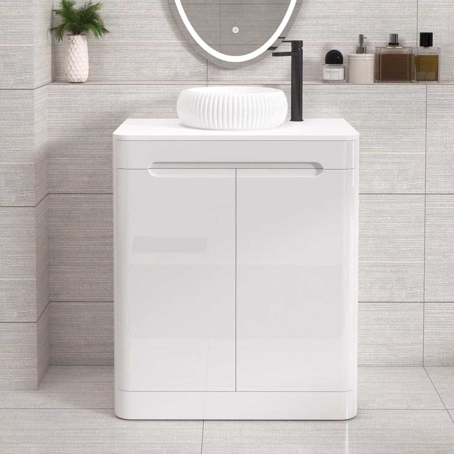 Royal Bathrooms Venice 700mm Gloss White Floor Standing 2 Door Vanity Unit with Milan Basin and Plain White Worktop