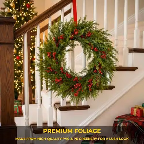 Shatchi Green and Red Christmas Wreath with Artificial Leaves and Berries, Diameter: 60 cm – 3