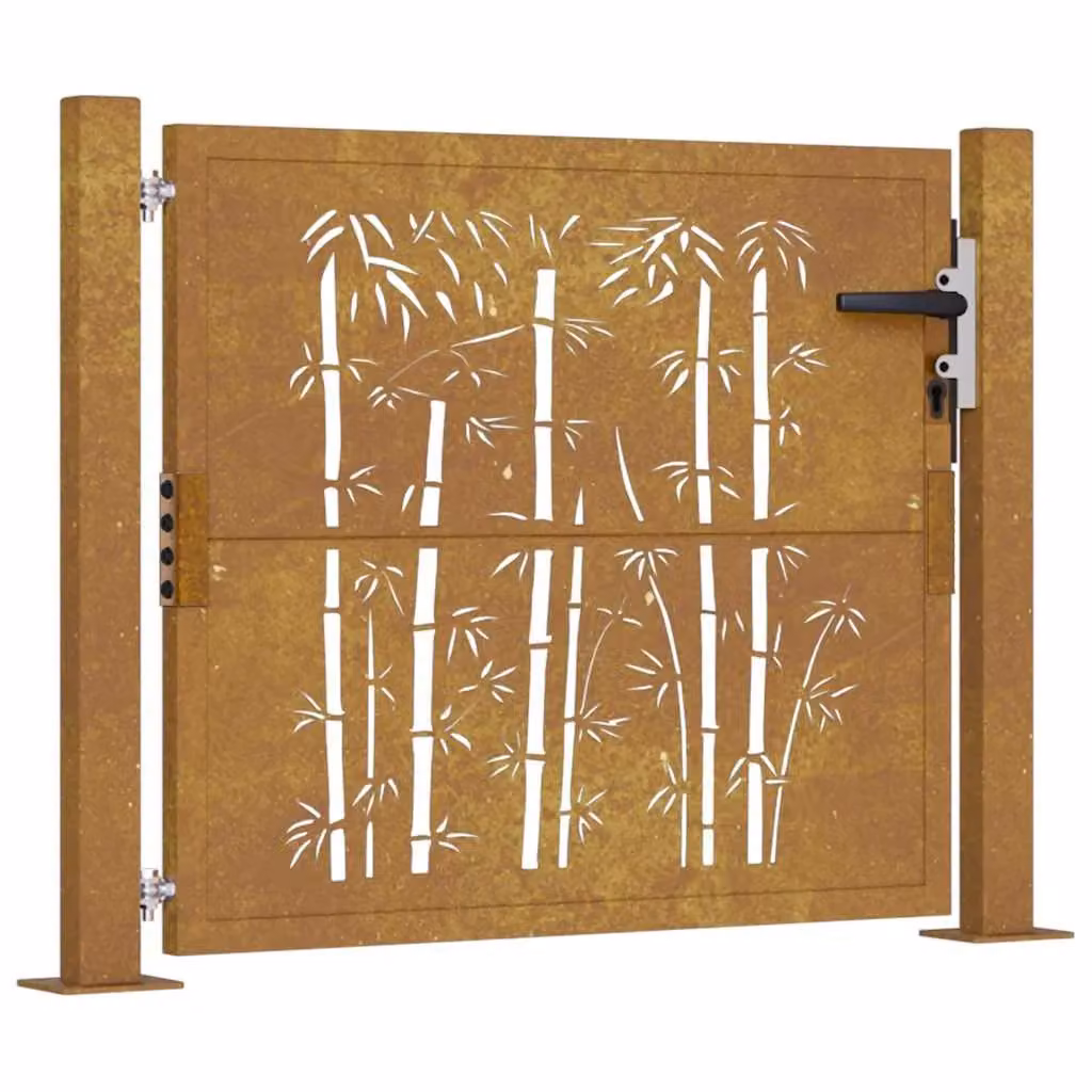 Berkfield Home Garden Gate in Brown Corten Steel with Bamboo Design, W/H: 105 x 80 cm – 2