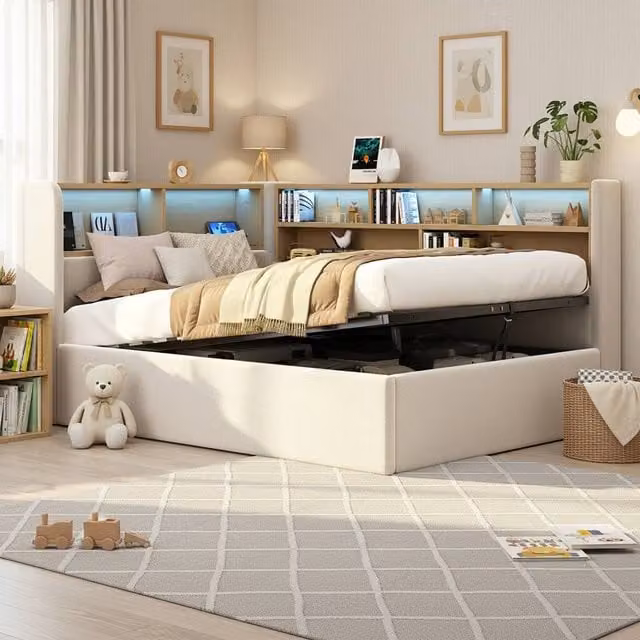 Merax Single Ottoman Bed with LED Headboard, USB Charging Ports and Bedside Shelf in Beige Fabric, W/D/H: 90 x 190 x 110 cm