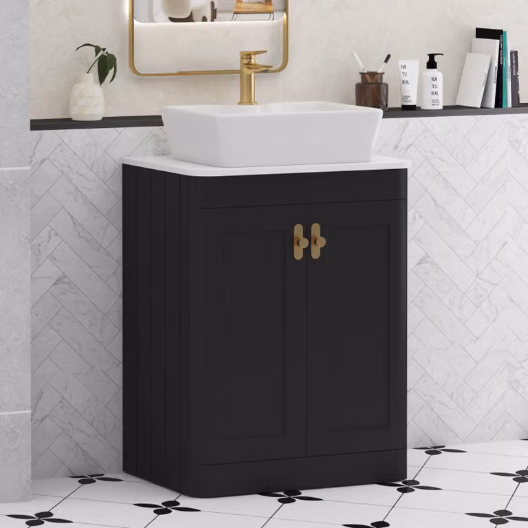 Royal Bathrooms Henley 600mm Floor Standing 2 Door Bathroom Vanity Unit in Matt Nocturne Black with Plain White Worktop and Brushed Brass Knob