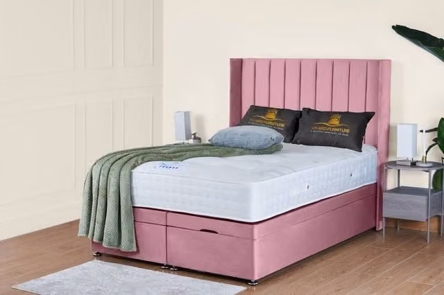 UK Bed Furniture Victoria End Lift Divan Ottoman Bed with 54 Inch Headboard in Pink Velvet, W/D: 200 x 200 cm
