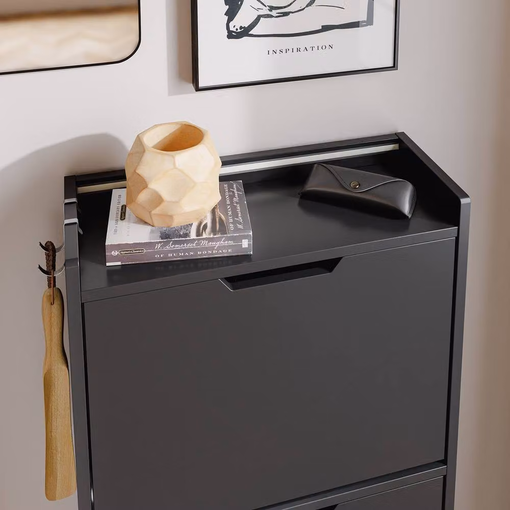 SoBuy Modern Black Matt Foldable Shoe Cabinet with Tilting Compartments and Integrated Lighting – 3