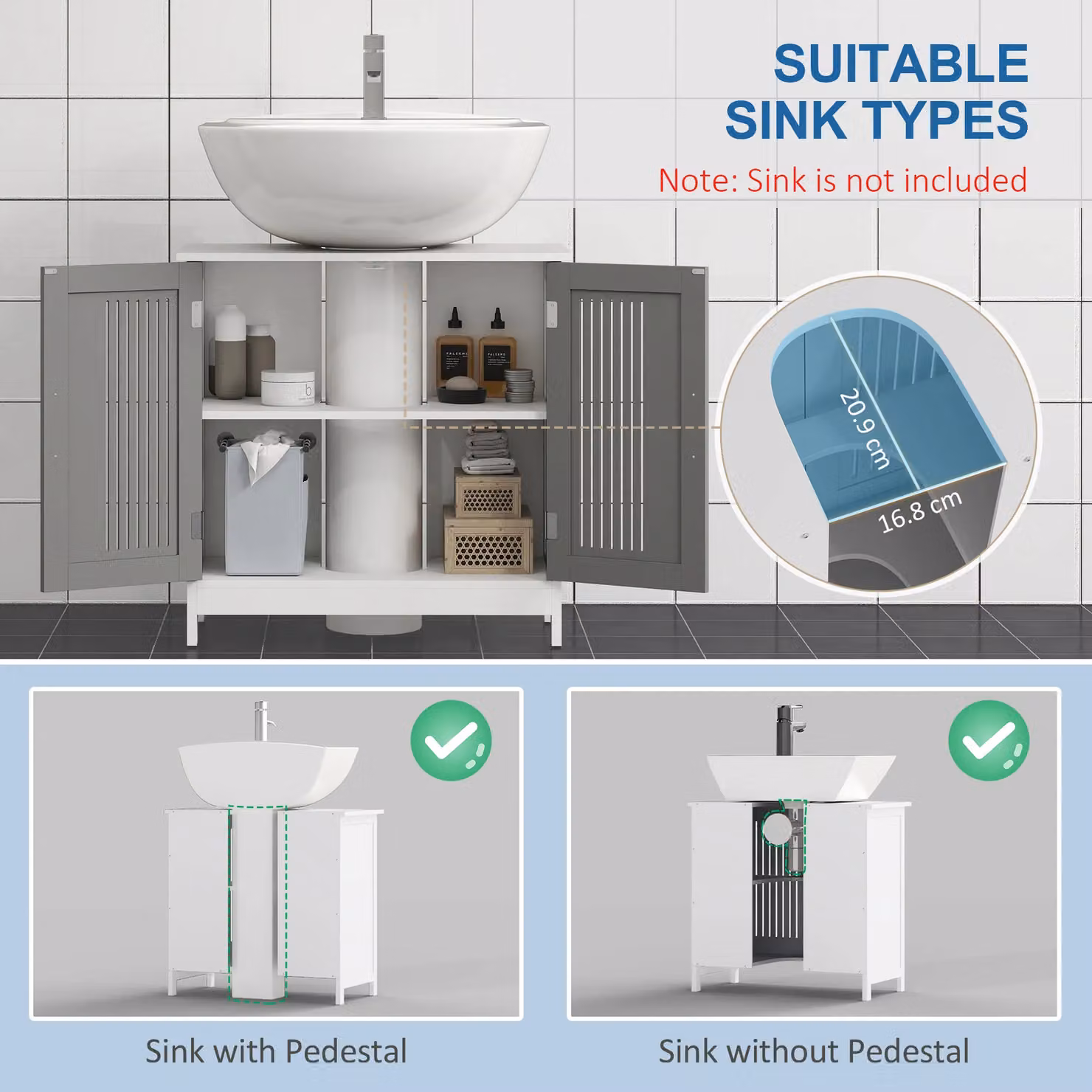 Kleankin Freestanding Bathroom Under Sink Cabinet with Internal Shelves and Hinged Doors in White or Grey – 3