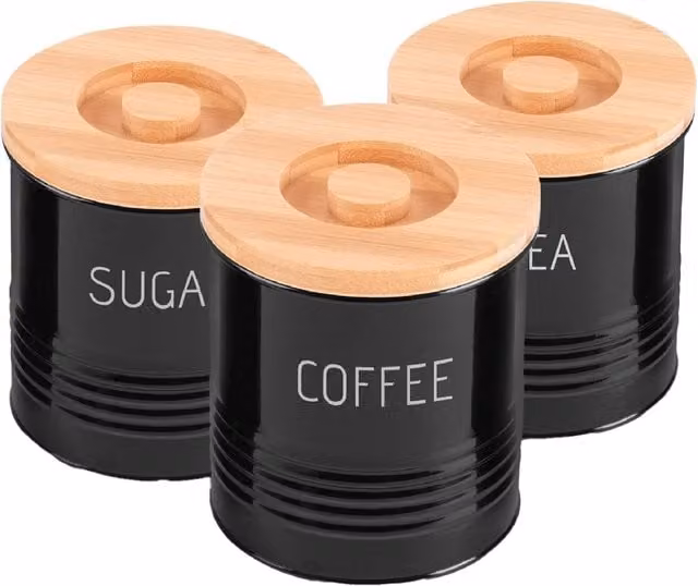 Royalford 3-Piece Airtight Metal and Bamboo Kitchen Storage Canister Set for Tea, Coffee and Sugar in Black