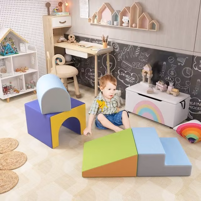 HOMCOM 4-piece Blue and Multicolour Foam Soft Play Stacking Set for Toddlers