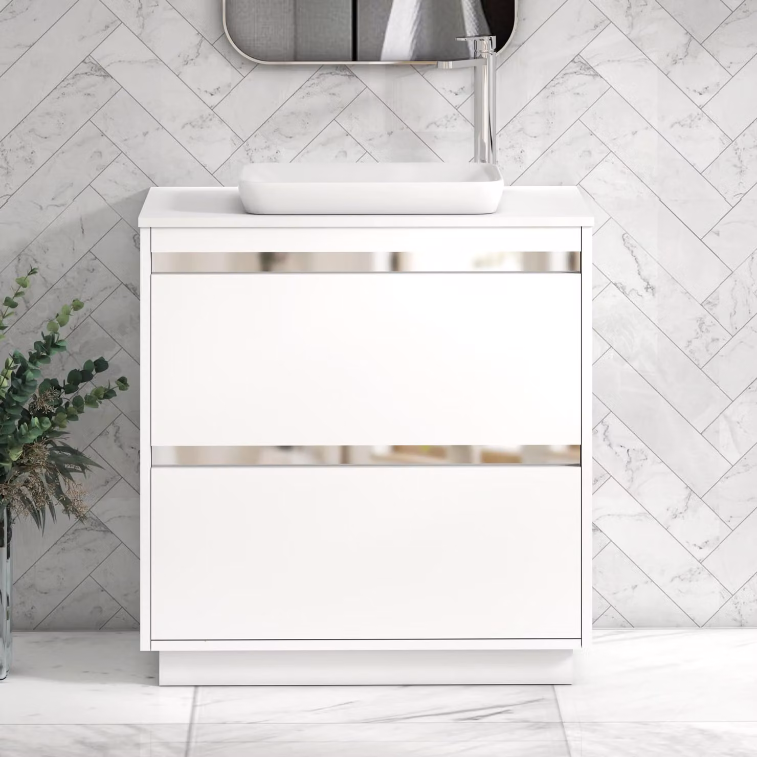 Royal Bathrooms Orion 800mm Matt White Floor Standing 2 Drawer Vanity Unit with Qubix Basin and Chrome Accent Trim